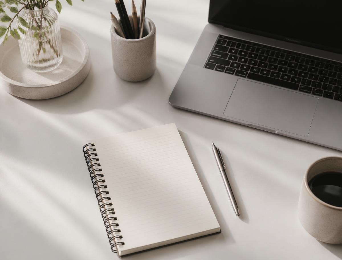 Poste de travail épuré avec ordinateur portable et carnet